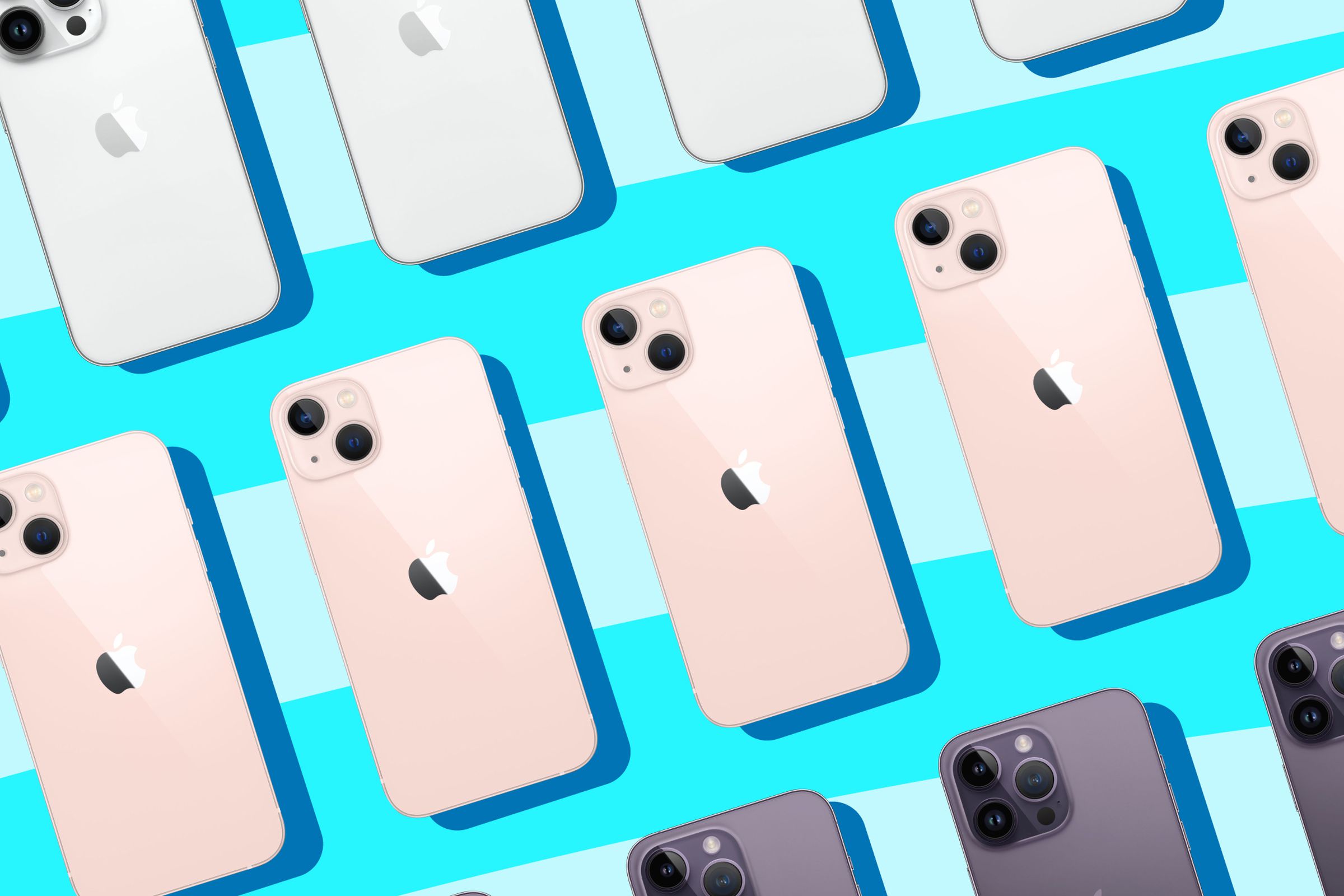 Illustration showing iPhones on a light blue striped background.