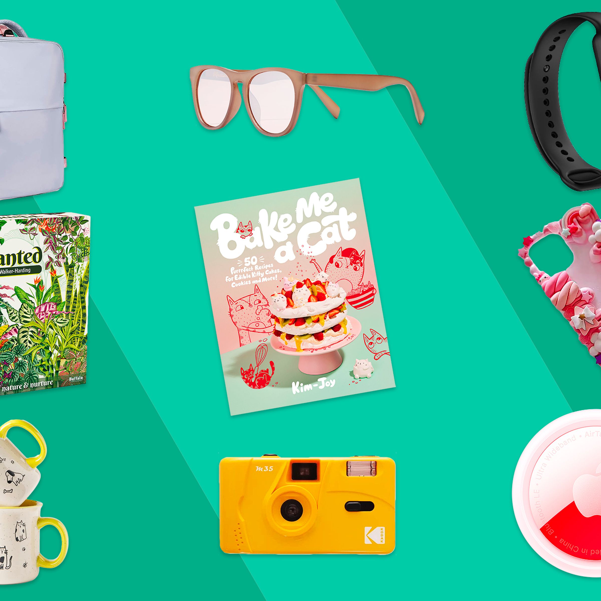An illustrative collage of budget-friendly gift ideas for moms, laid out on a green background.