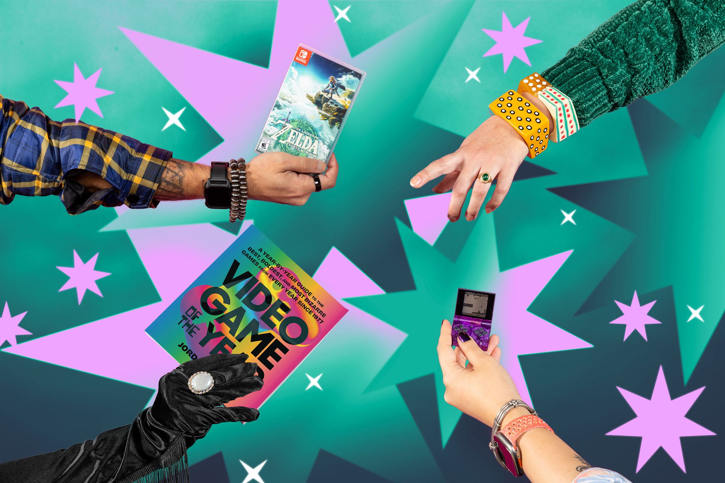 Photo illustration of hands holding various products on a brightly colored background of stars.