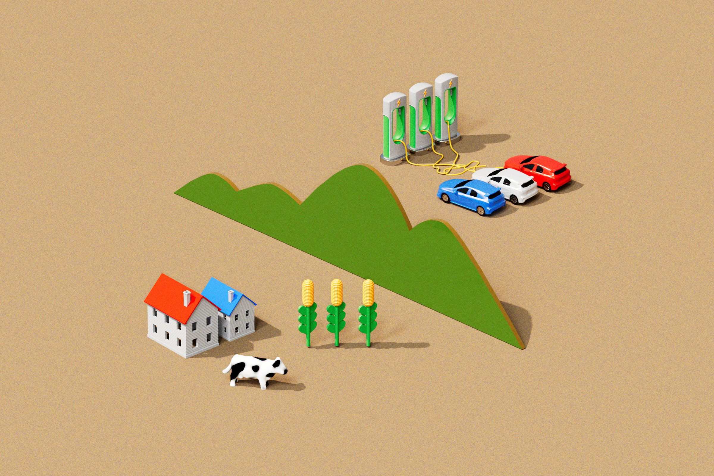 3D illustration showing barriers in rural communities’ access to electric vehicle charging.