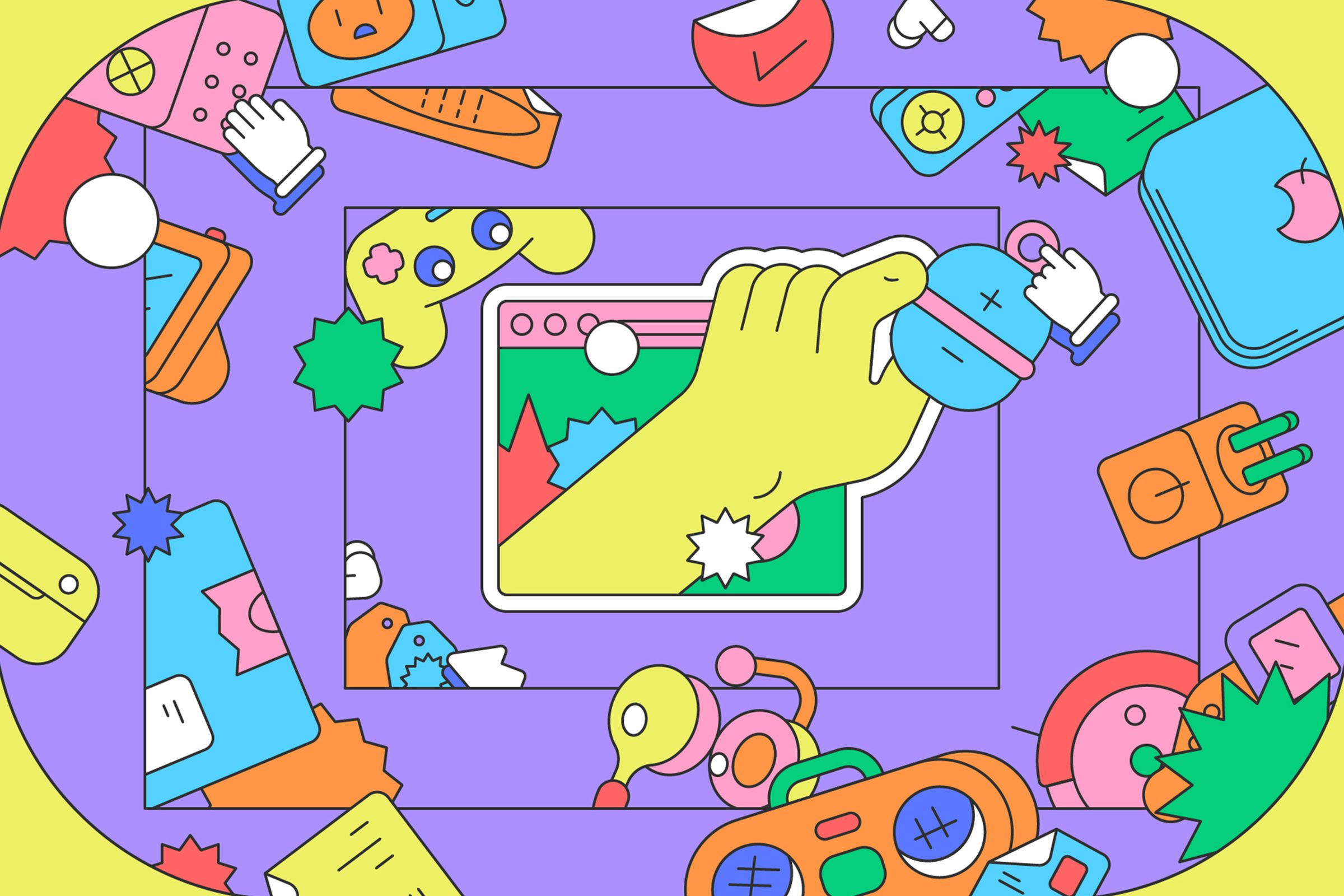 Brightly colored vector illustration of a hand grabbing a device from inside a browser window.