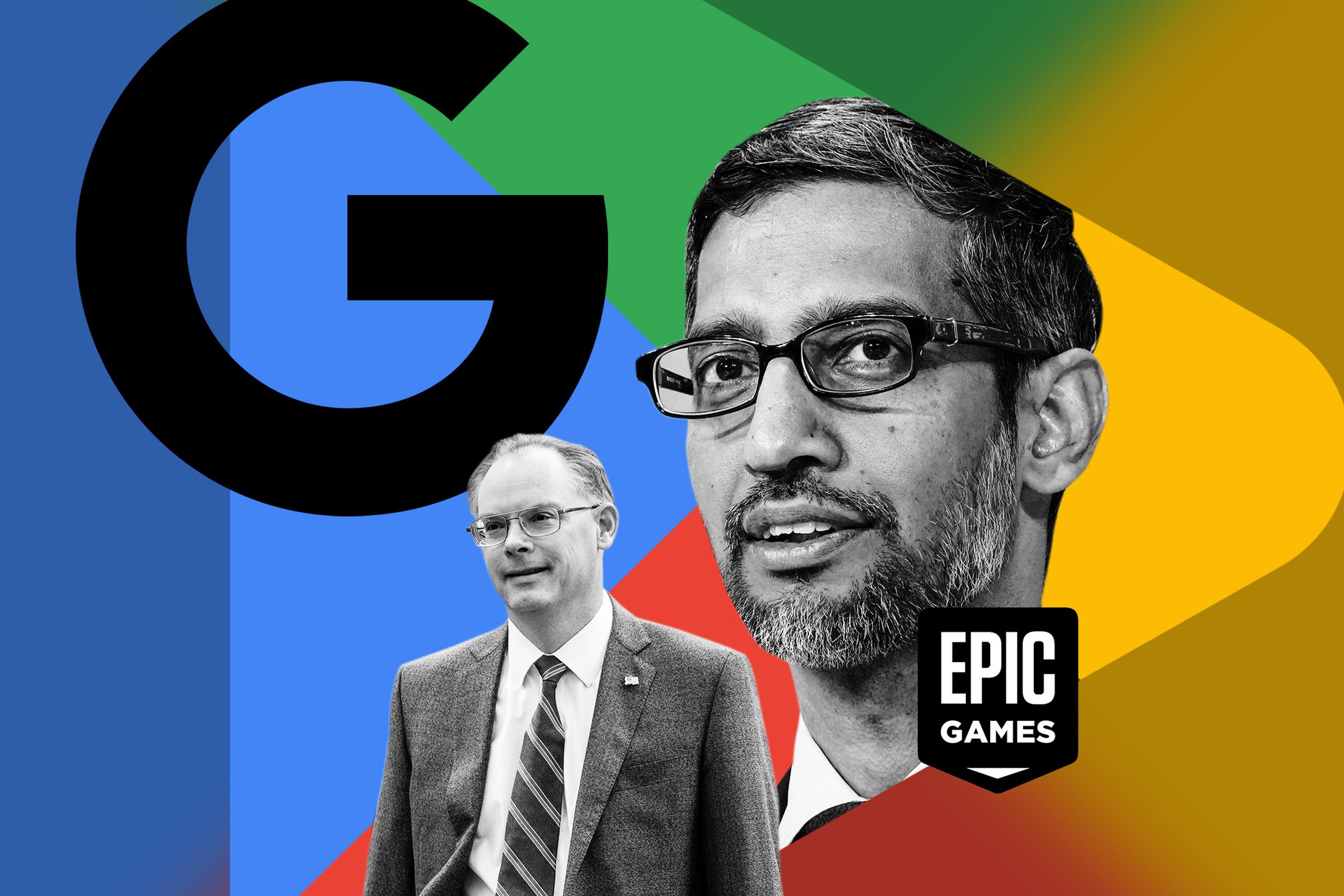 Photo illustration of Sundar Pichai and Tim Sweeney with the Google logo, Google Play logo, and the Epic Games logo.