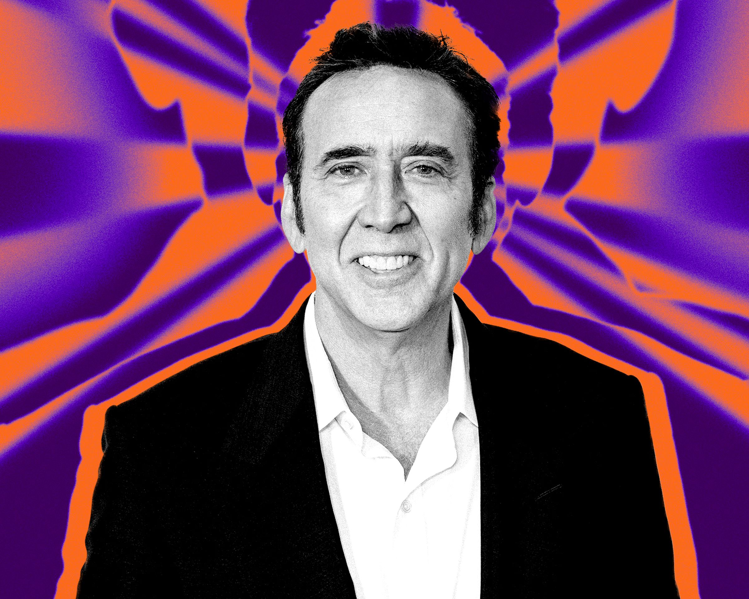 Photo illustration of Nicolas Cage in front of a vibrant background.