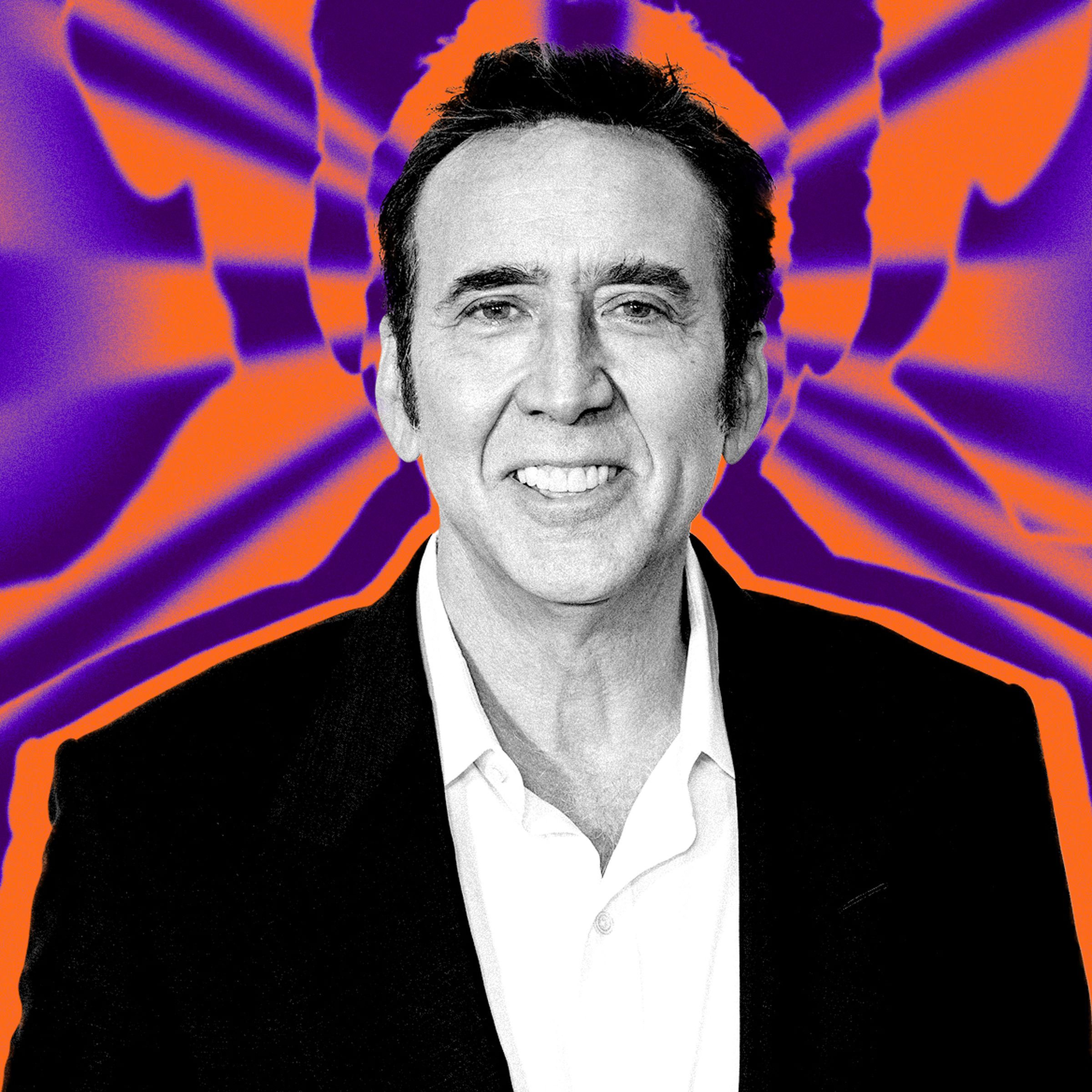 Photo illustration of Nicolas Cage in front of a vibrant background.