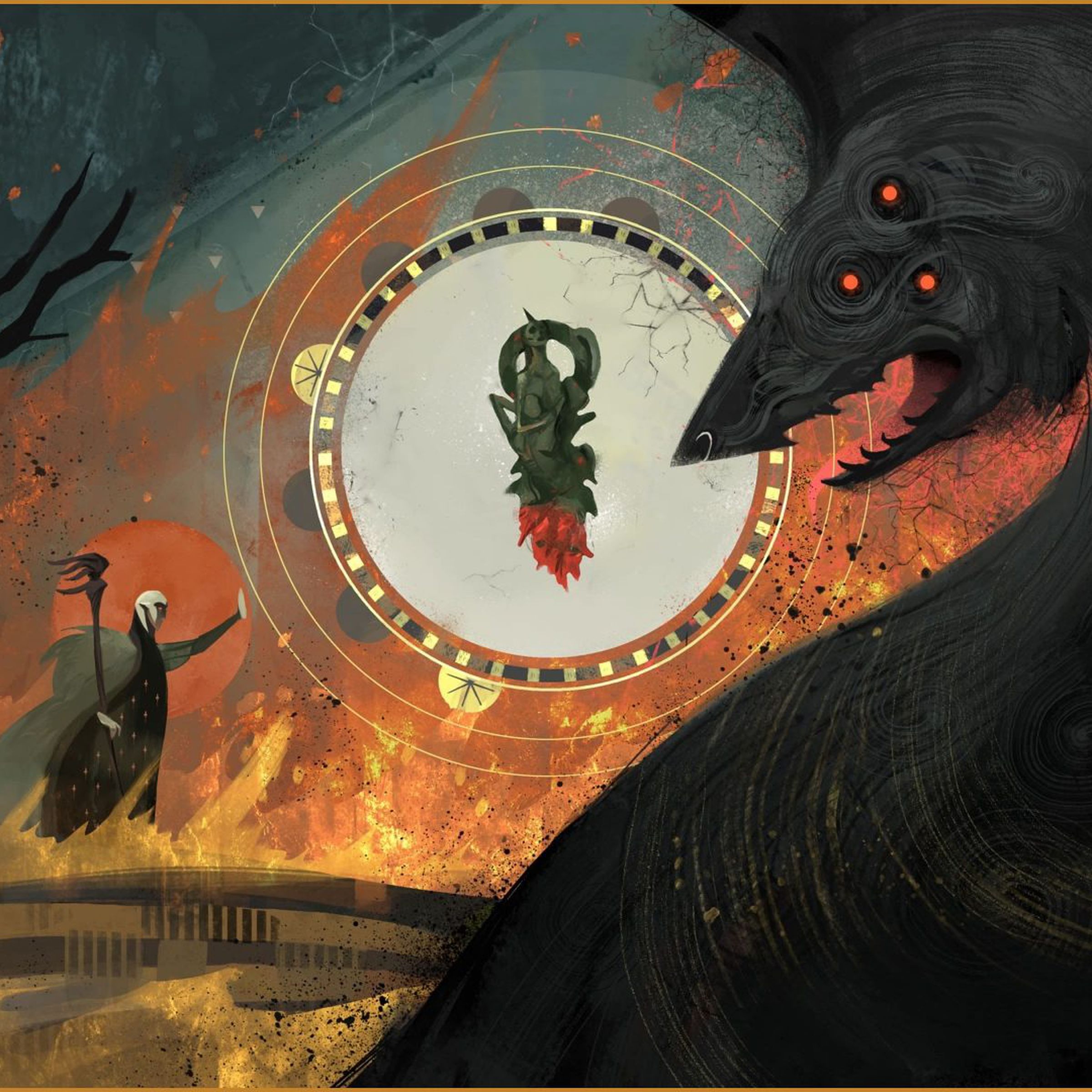 Concept art from Dragon Age Dreadwolf featuring a stylized painting of a bald elf wreathed in flame holding back a large wolf as a red lyrium heart glows between them