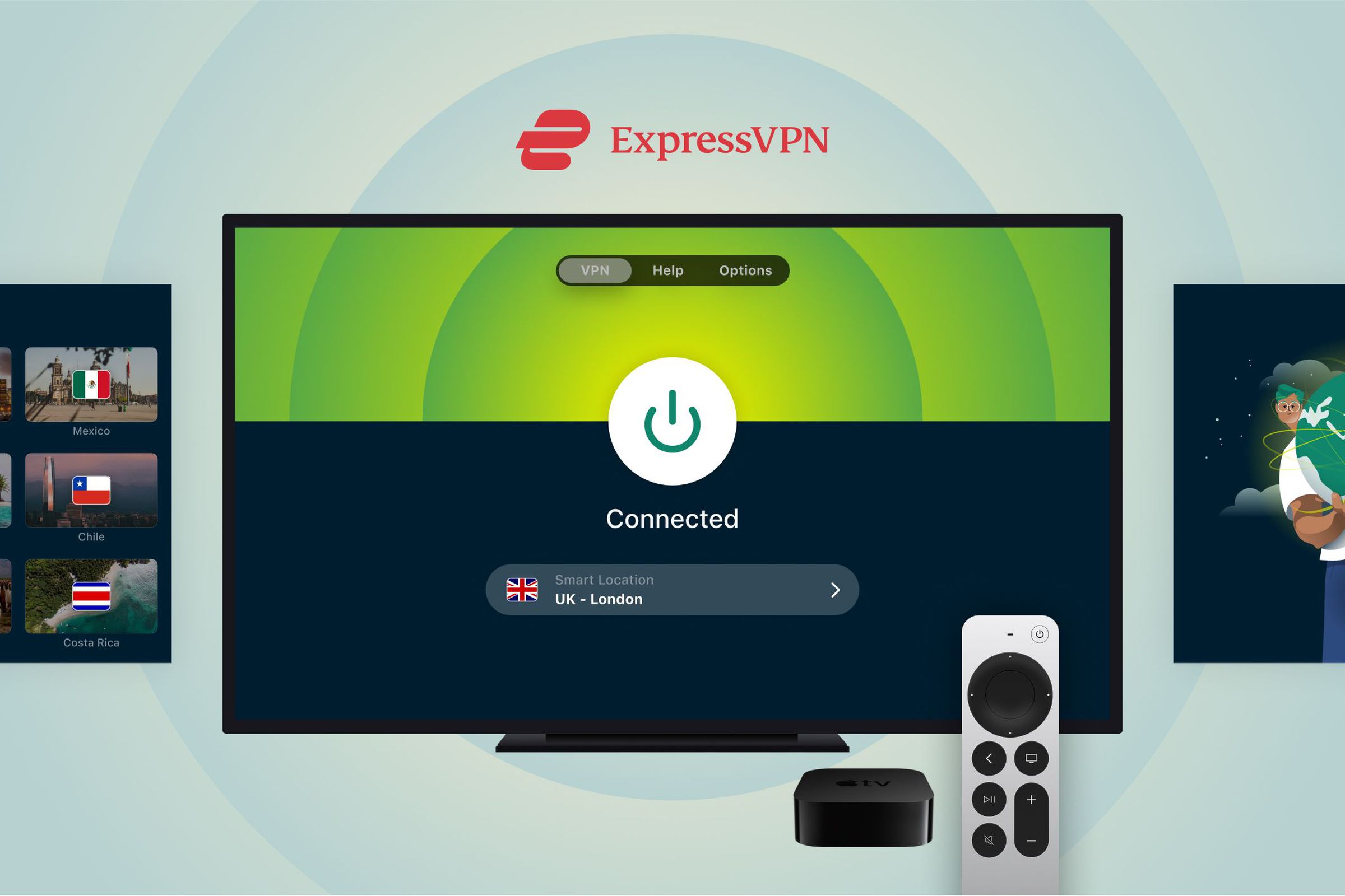 An image showing ExpressVPN running on an Apple TV.