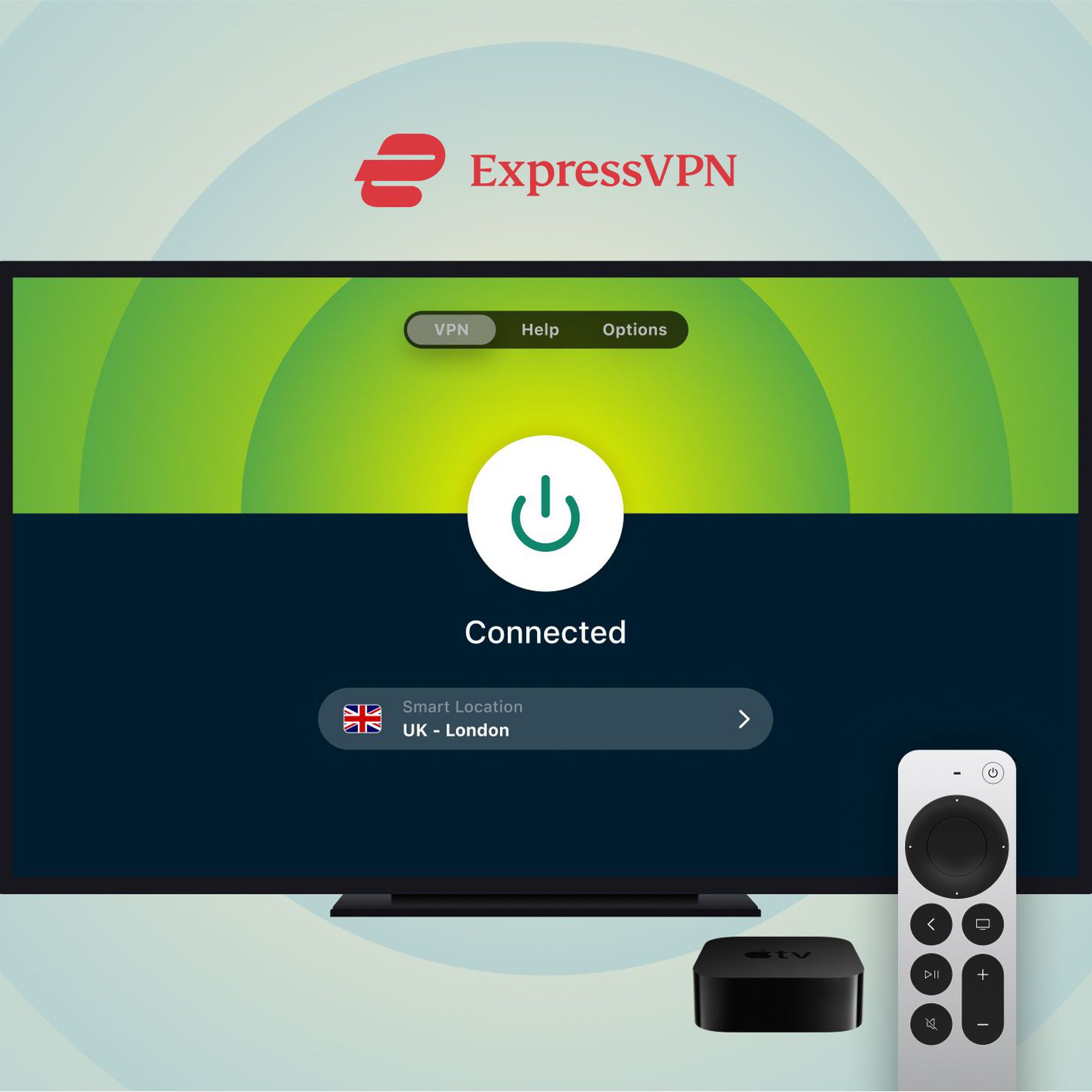 An image showing ExpressVPN running on an Apple TV.
