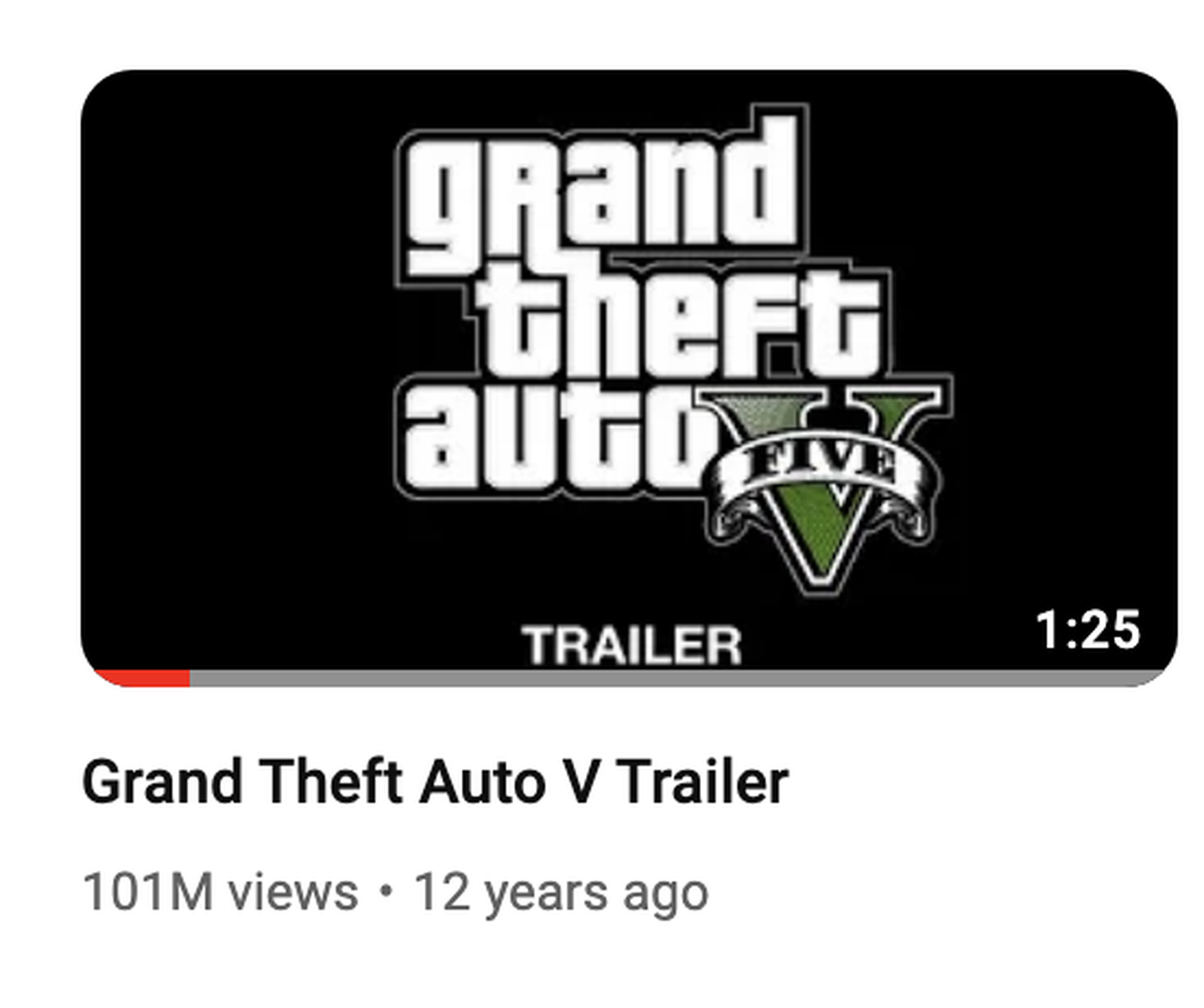 Screenshot of YouTube thumbnail featuring the view number for the GTA V trailer which is 101 million views.