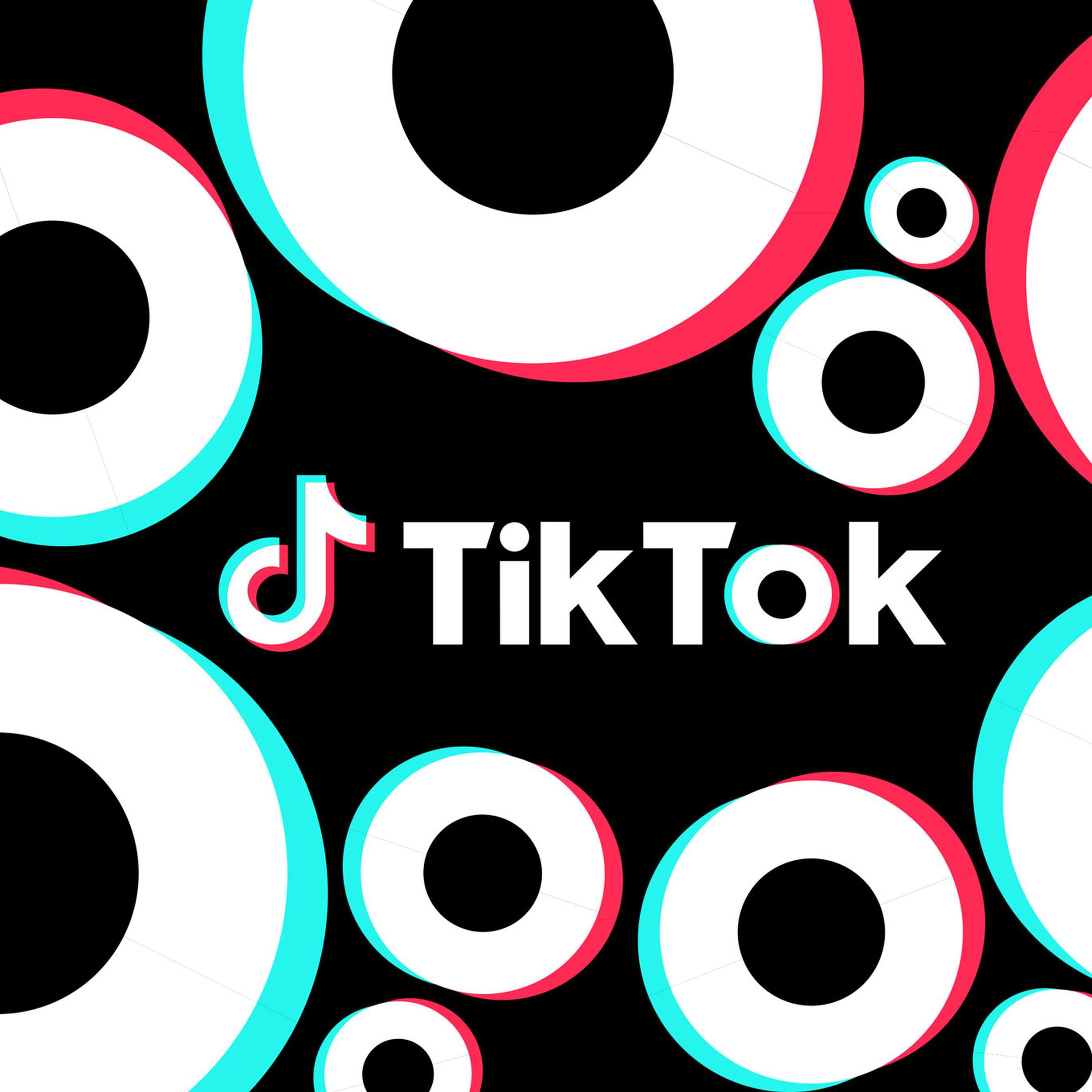 The TikTok logo on a black background with repeating geometric shapes