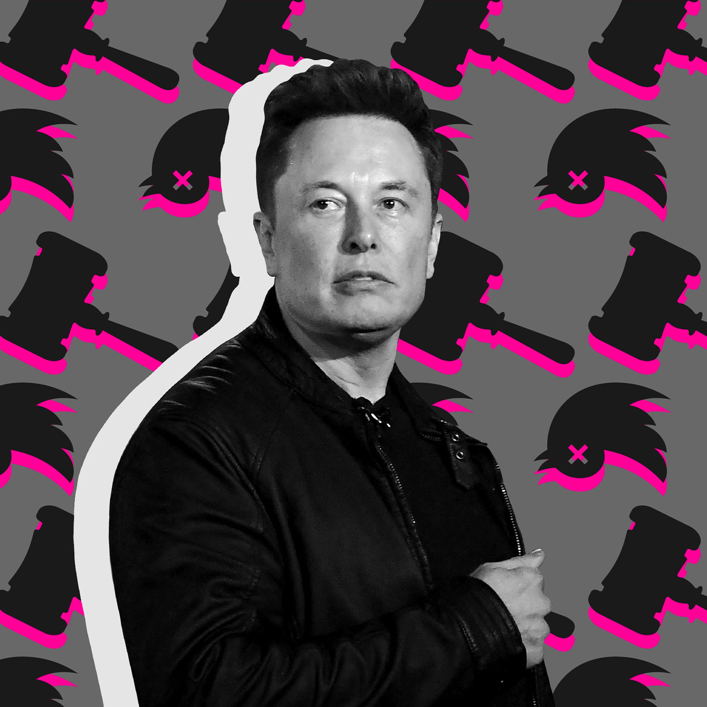 An image showing Elon Musk on a background with hammers