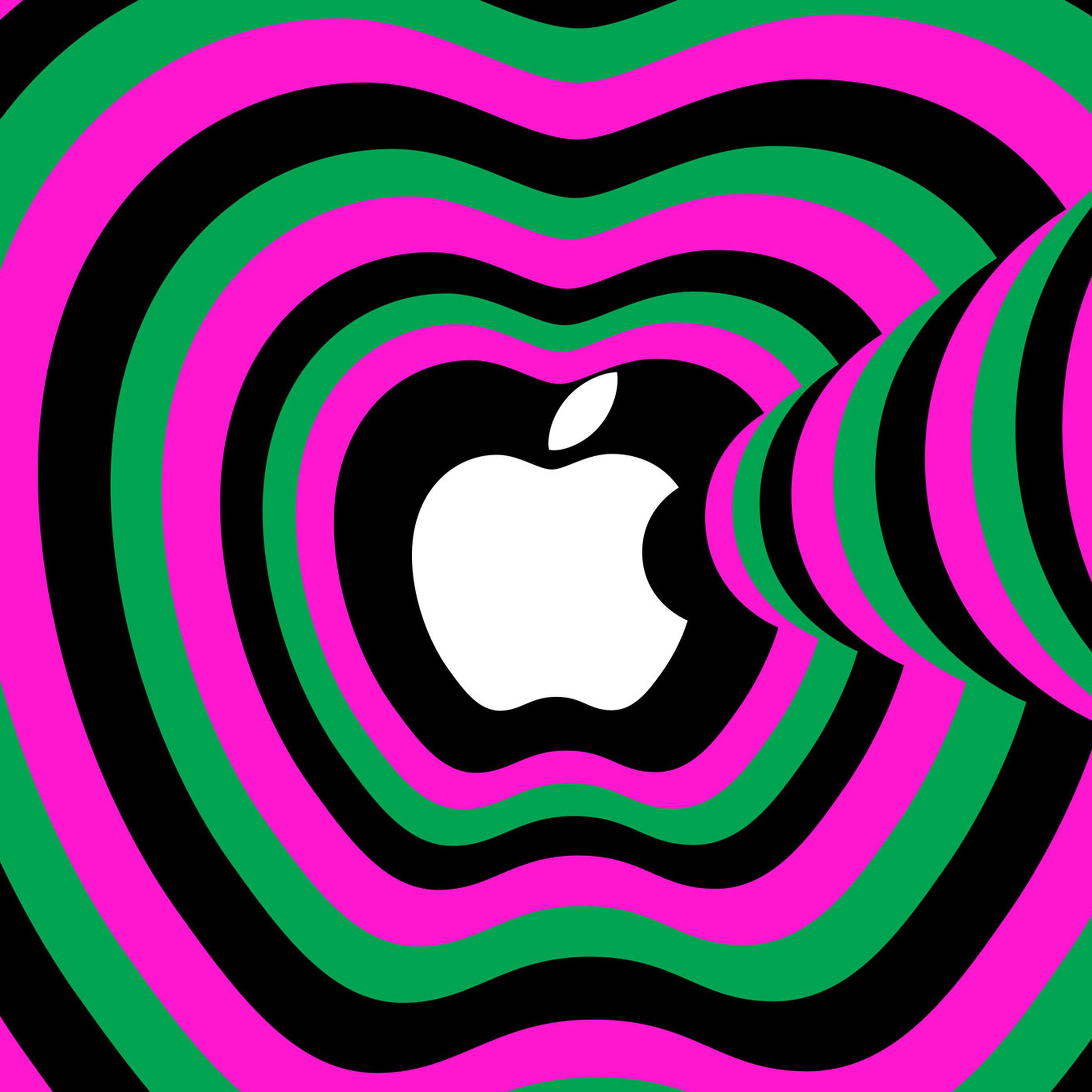 Image of the Apple logo surrounded by gray, pink, and green outlines