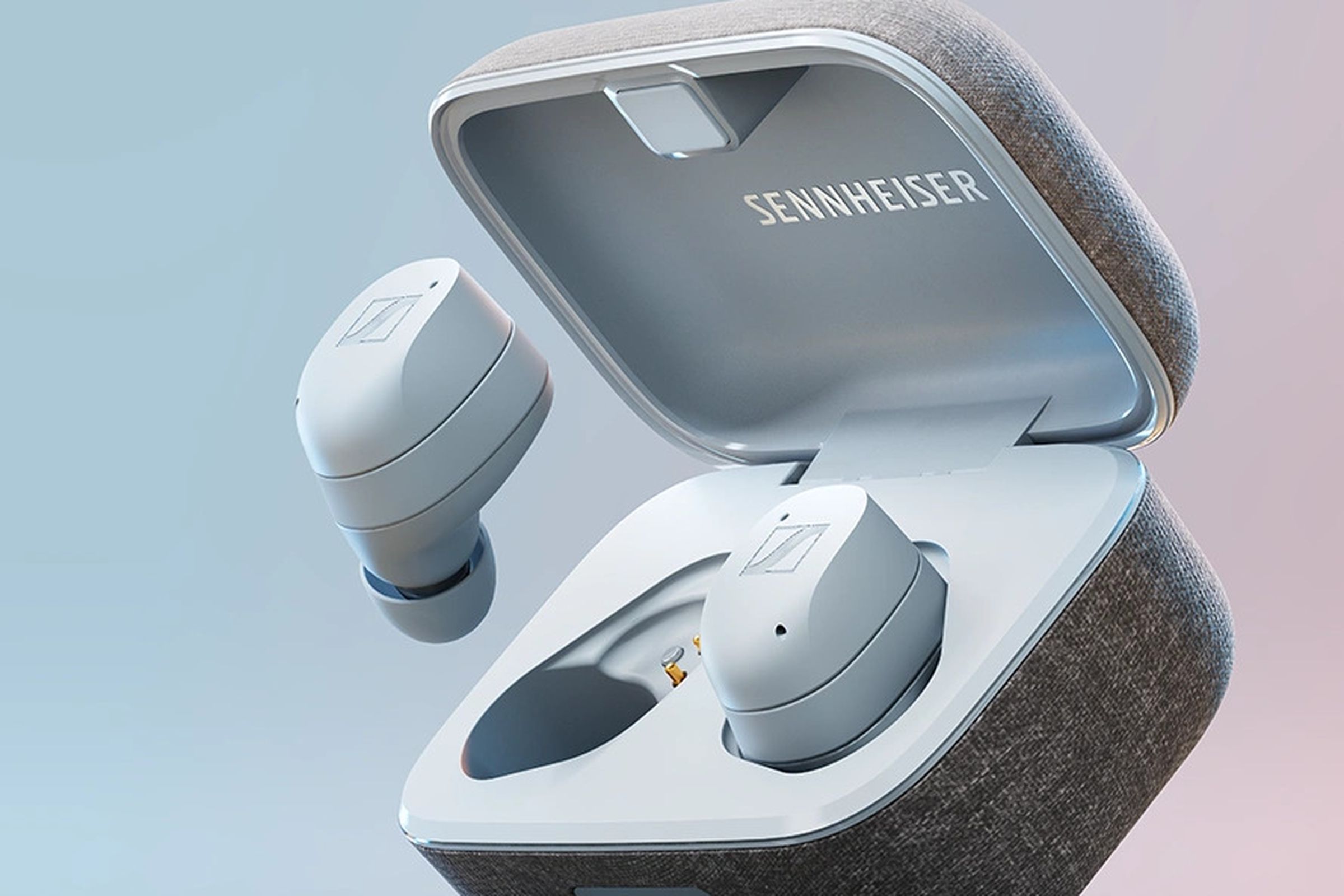 Sennheiser’s Momentum True Wireless 3 in a white case open to display the white earbuds.